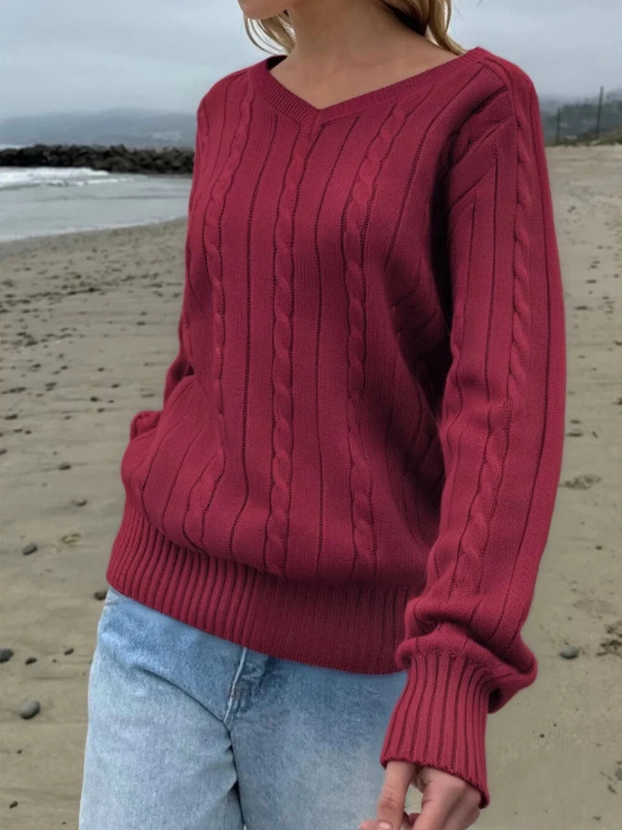 Cable Knit V - Neck Pullover Sweater - The PM Edit