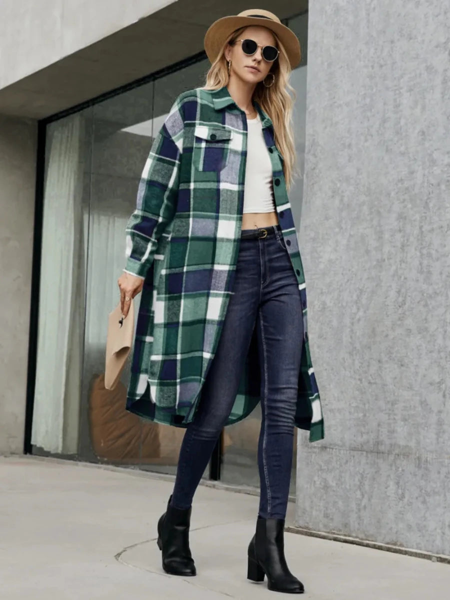 Plaid Pocketed Button Up Trench Coat - The PM Edit