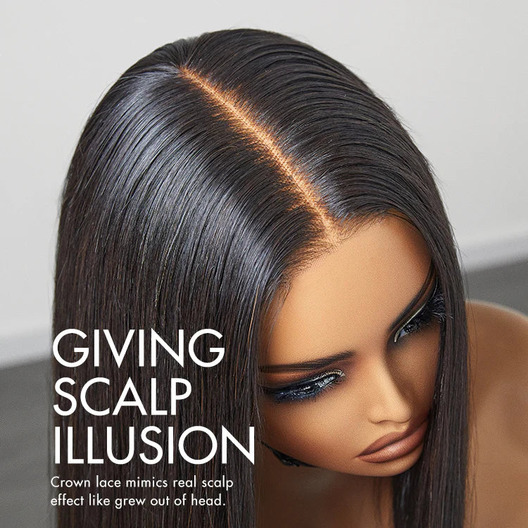 Close-up of a wig with text highlighting scalp illusion feature