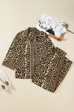 Load image into Gallery viewer, Brown Leopard Collared 3/4 Sleeve Shirt and Loose Pants Two Piece Outfit Set
