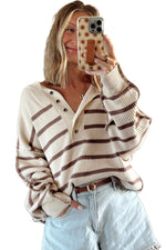 Load image into Gallery viewer, Brown Striped Exposed Seam Loose Henley Sweater
