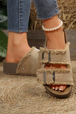 Load image into Gallery viewer, Pale Khaki Double Buckle Straps Frayed Detial Retro Slippers
