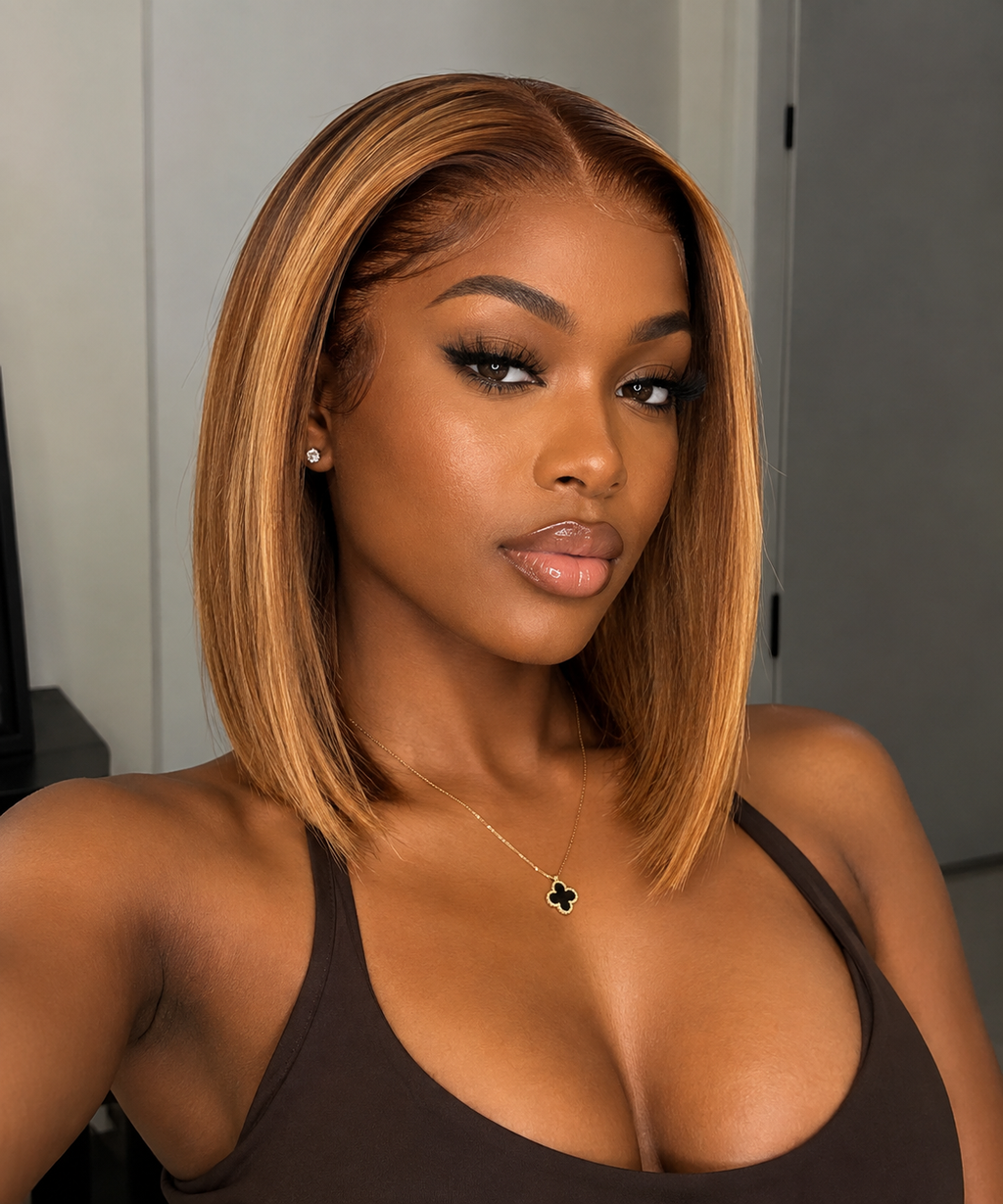 12 Inches 13"x4" #P4/27 Straight Bob Highlight Lace Frontal Wig-100% Human Hair