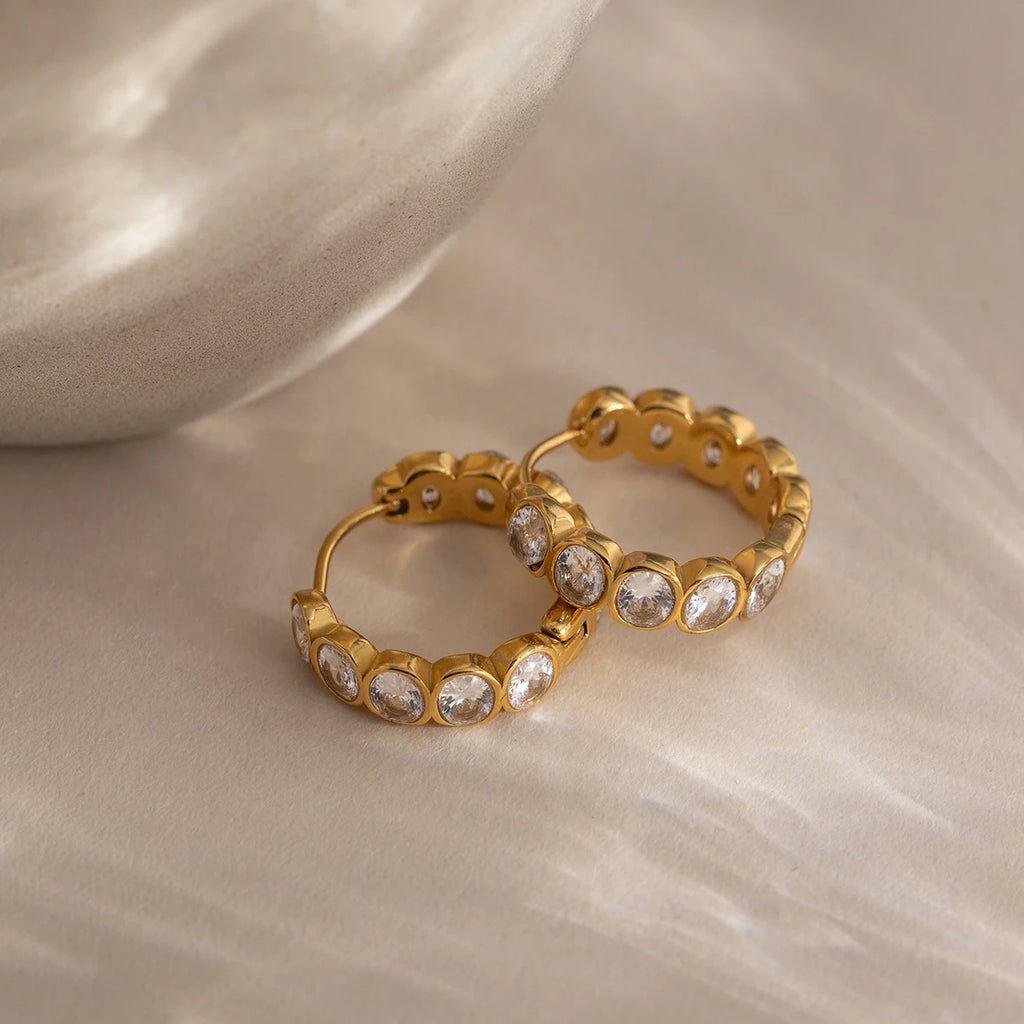 Crystal Bezel Hoop Earrings | 18K Gold Plated | Waterproof & Tarnish-Free