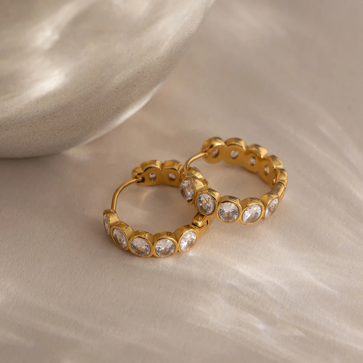 Crystal Bezel Hoop Earrings | 18K Gold Plated | Waterproof & Tarnish-Free
