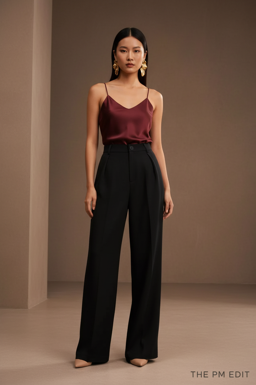Woman wearing a burgundy top and black pants against a beige background