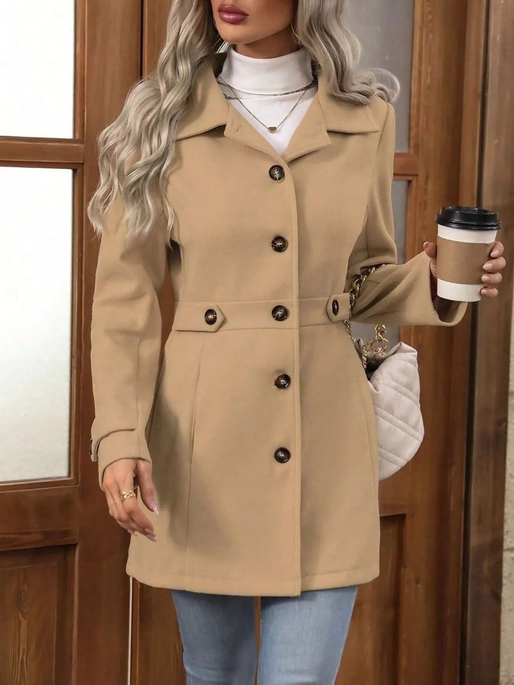 Person wearing a beige coat holding a coffee cup indoors.