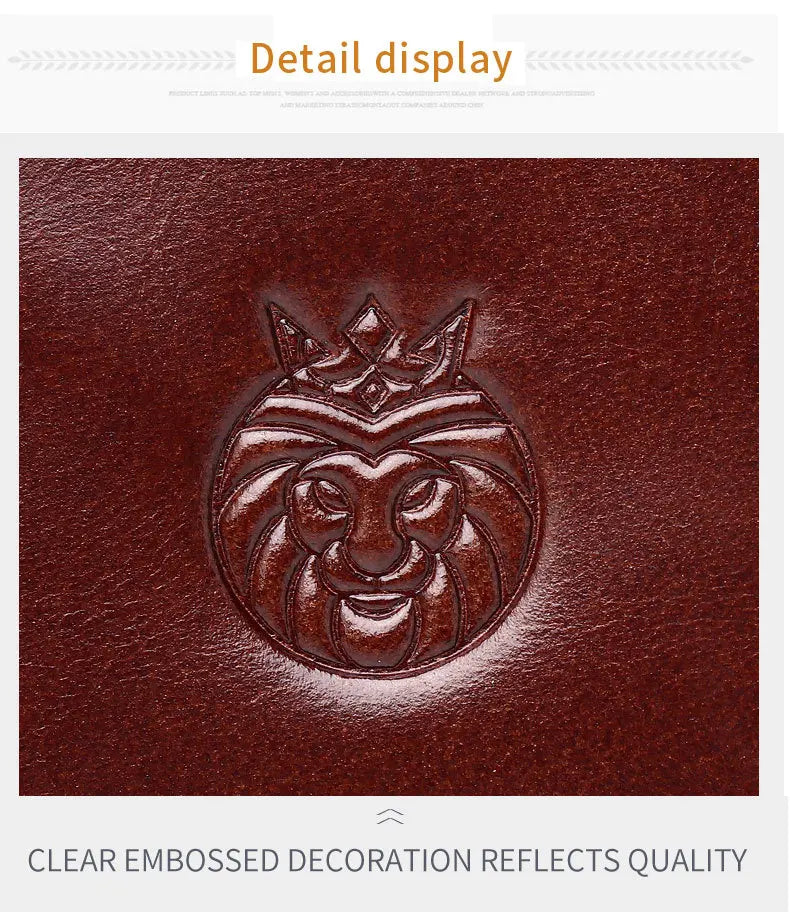 Close-up detail of a dark reddish-brown leather surface with an embossed lion face wearing a crown, under the text 'Detail display' and with the caption 'CLEAR EMBOSSED DECORATION REFLECTS QUALITY'.