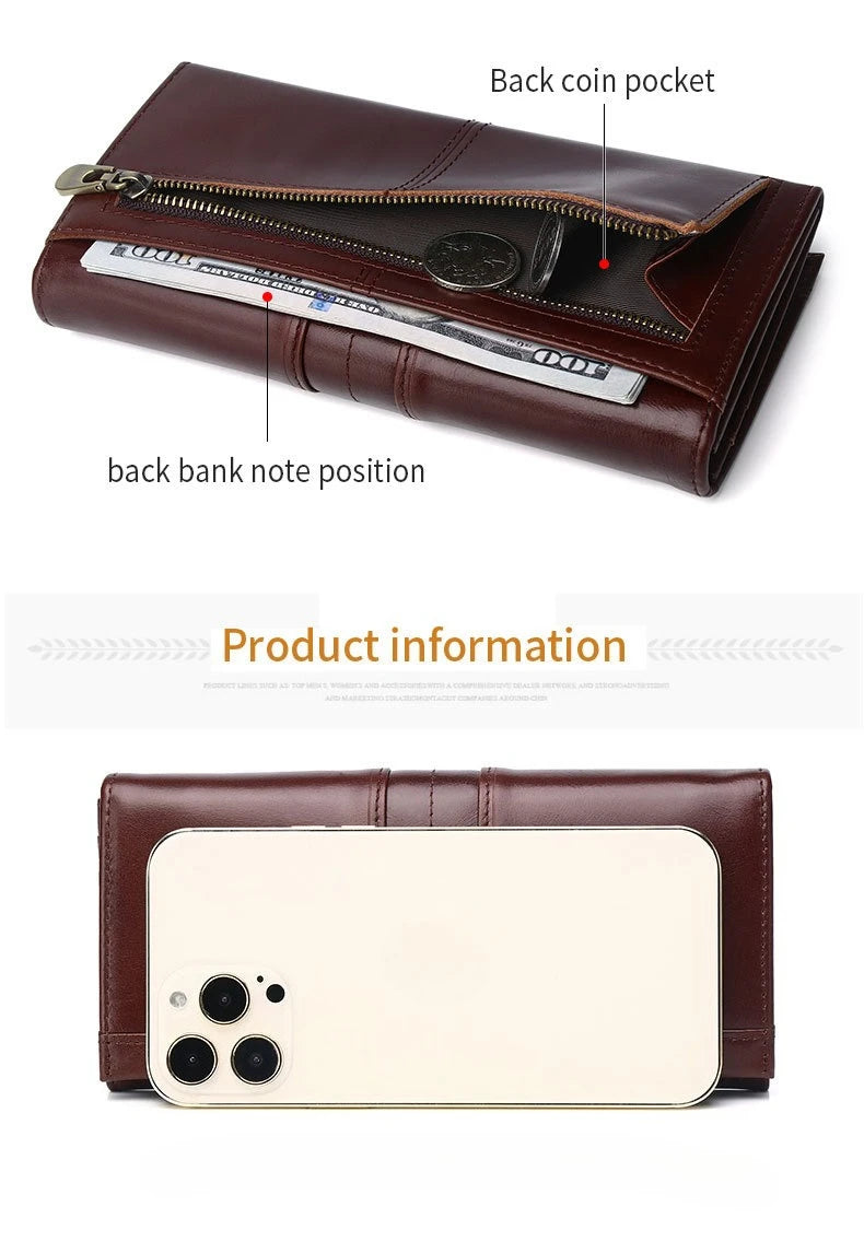 A brown leather wallet shown from two angles on a white background, with callout labels pointing to the back coin pocket, back bank note position, and a phone slot holding a cream-colored smartphone. Text in the center reads 'Product information'.