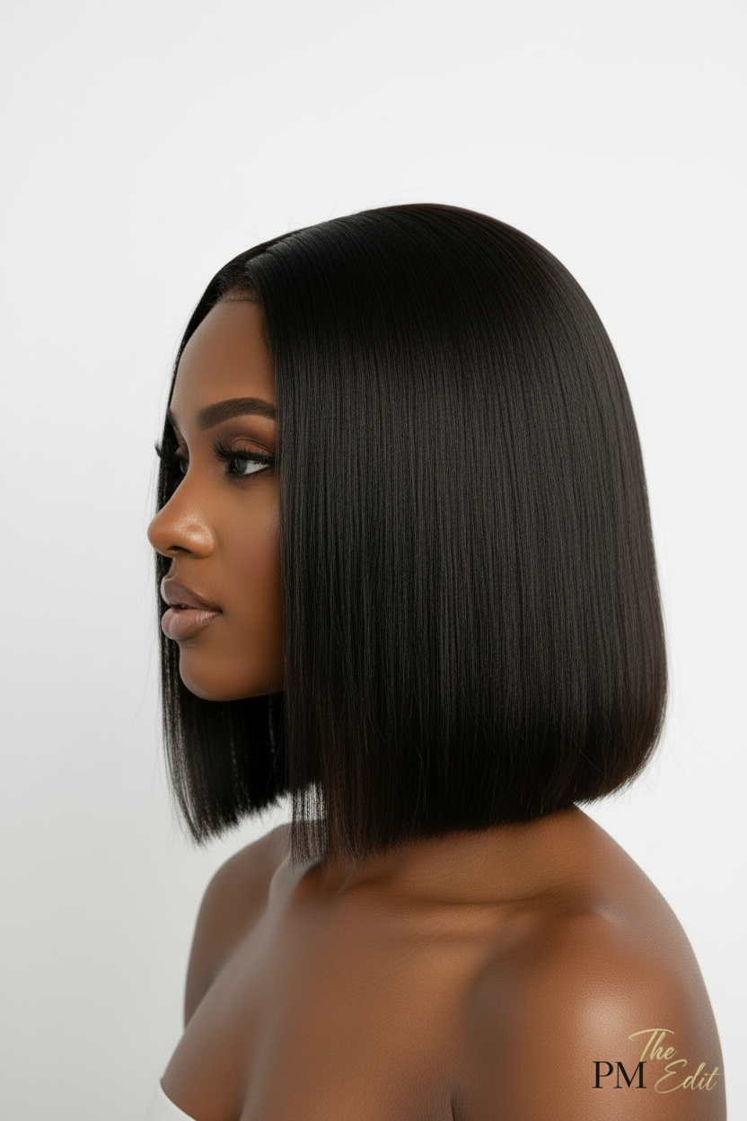 Woman with a stylish black bob haircut on a white background