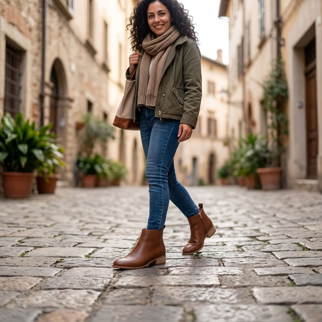 A woman walking down a cobblestone street wearing an olive green jacket, a beige scarf, blue jeans, and brown ankle boots.