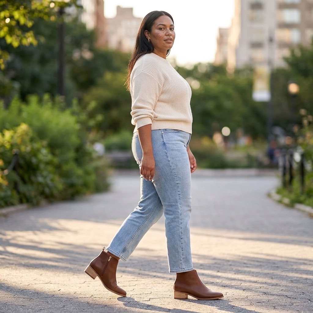 A woman walking on a paved path in a park, wearing a cream ribbed knit sweater, light blue straight-leg jeans, and brown ankle boots.