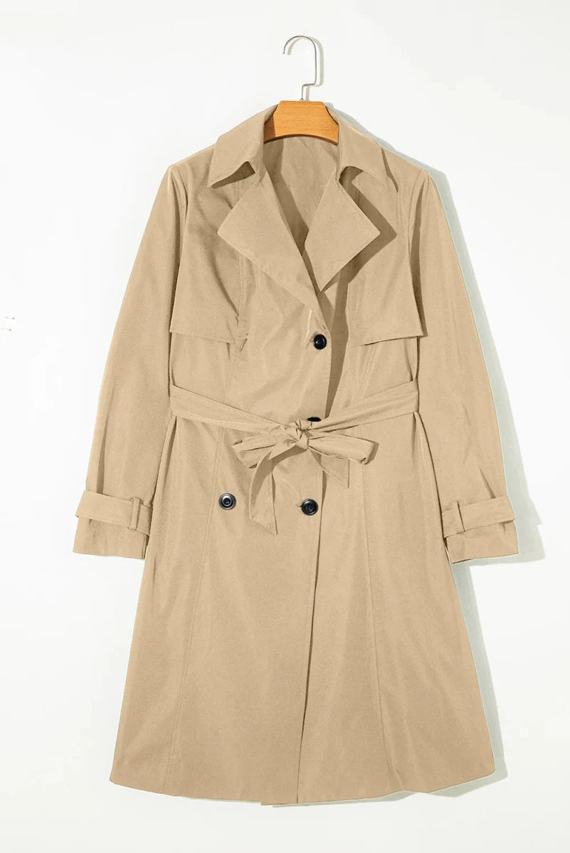 Collared Neck Tie Waist Buttoned Long Sleeve Trench Coat - The PM Edit