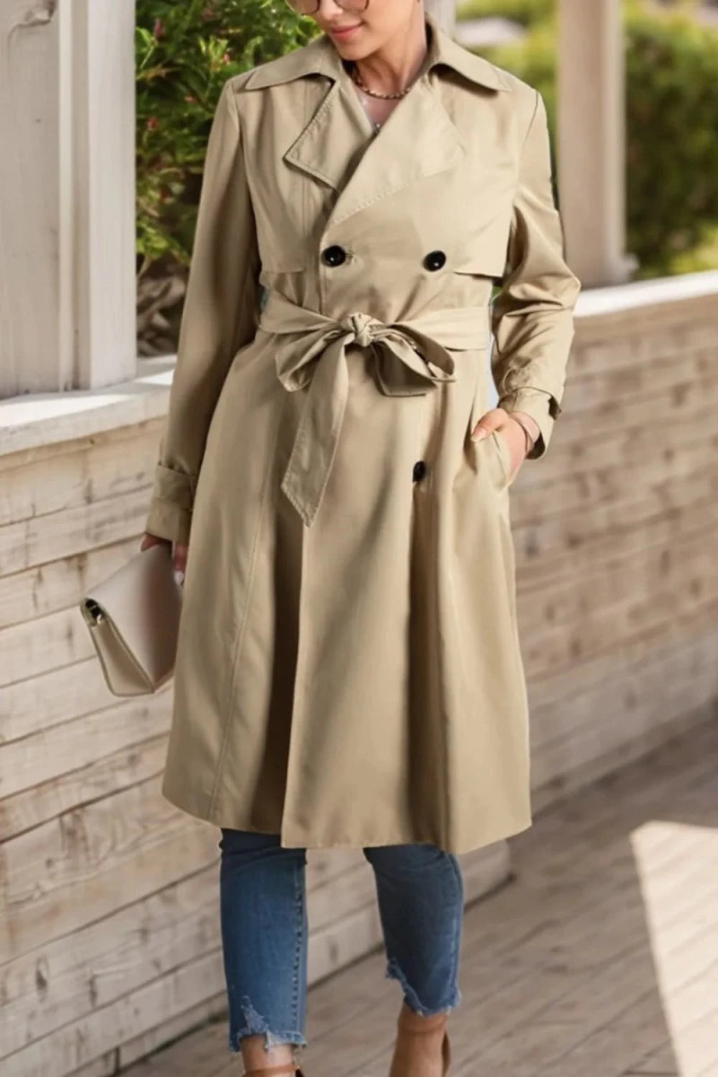 Collared Neck Tie Waist Buttoned Long Sleeve Trench Coat - The PM Edit
