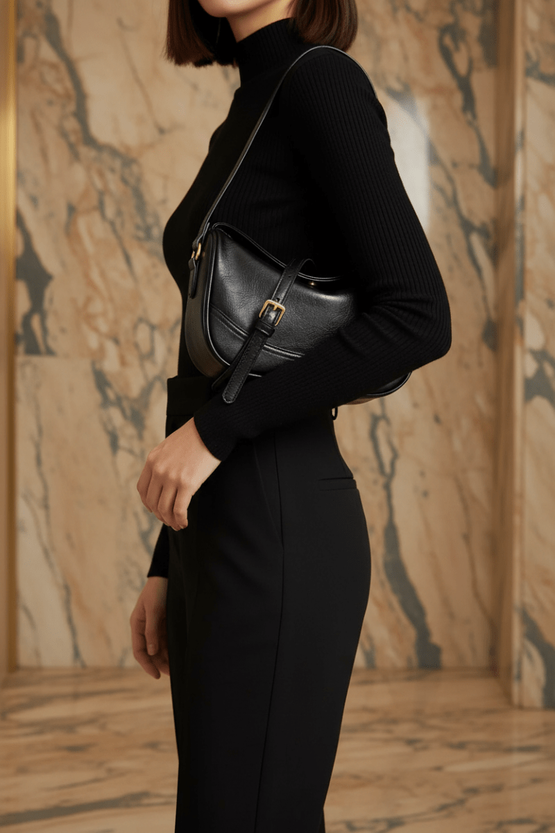 Person wearing a black outfit with a black handbag against a marble wall.