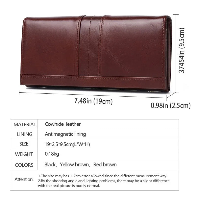 A brown leather wallet shown on a white background with dimension lines indicating its width, height, and depth, plus a specification table listing material, lining, size, weight, and color options.