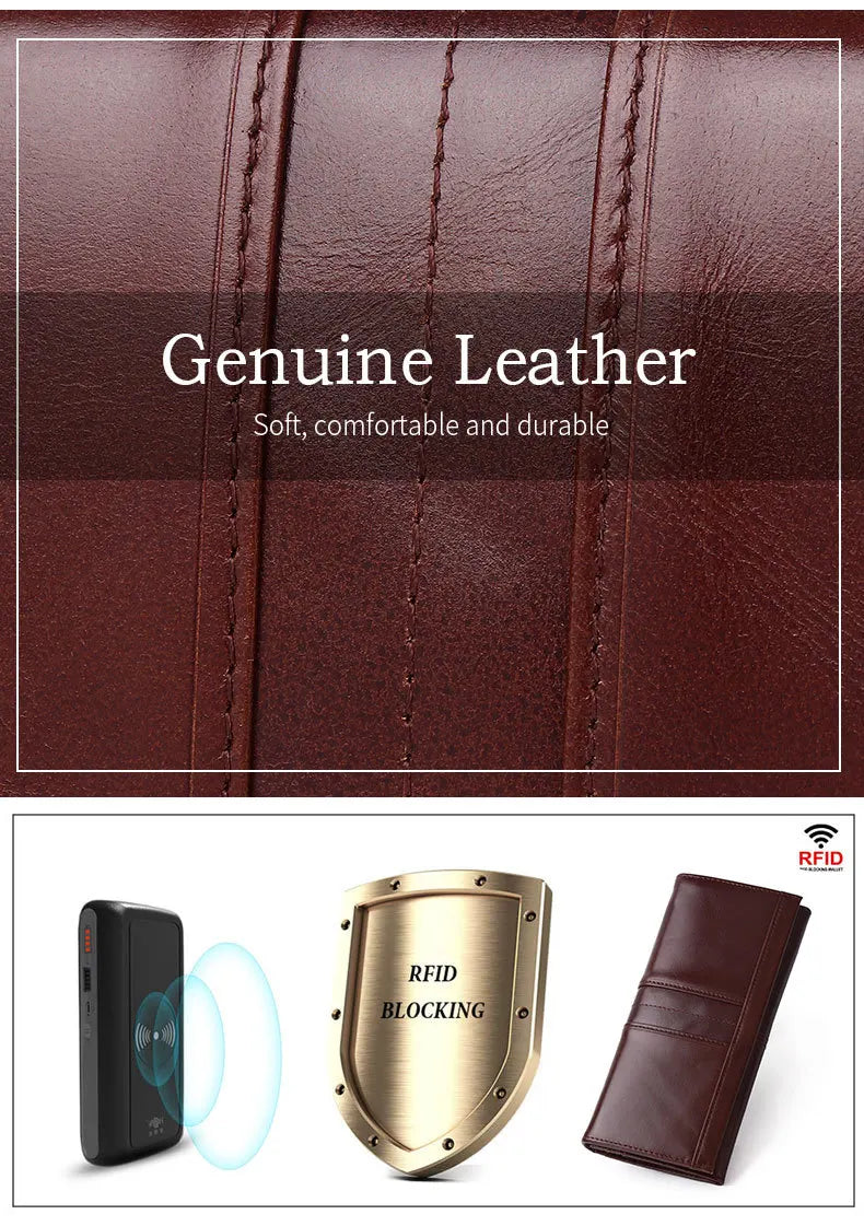 A promotional graphic for a brown leather RFID wallet case. The top half shows a close-up of the dark brown leather texture with the text 'Genuine Leather Soft, comfortable and durable'.