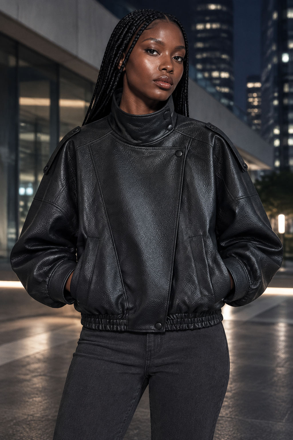  Front landscape view of the structured pebble faux leather jacket in matte black showcasing the heavy-duty metal zipper front closure array and turn-down collar layout 