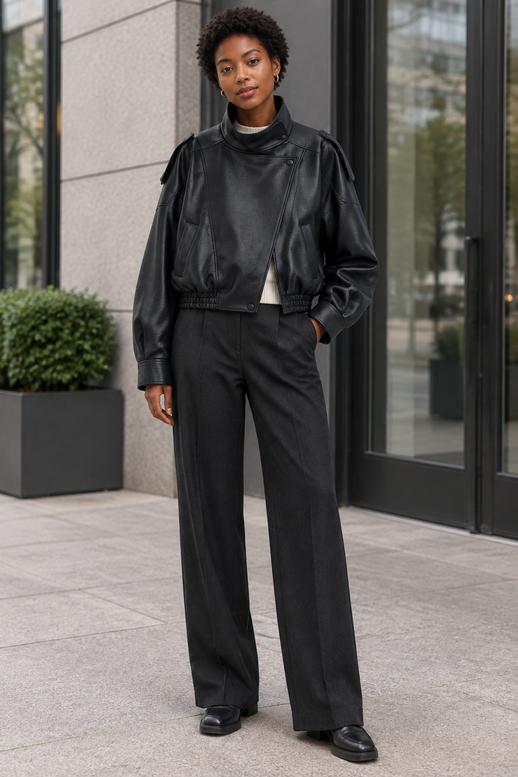•  A professional model wearing a tailored wardrobe separate layout styling the matte black pebble leather jacket open to showcase a clean day-to-night lifestyle transition.
 Black jacket lifestyle image