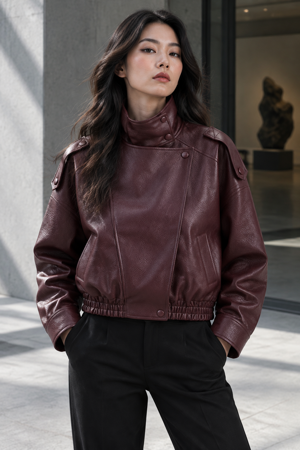  Front landscape view of the structured pebble faux leather jacket in matte black showcasing the heavy-duty metal zipper front closure array and turn-down collar layout  burgundy