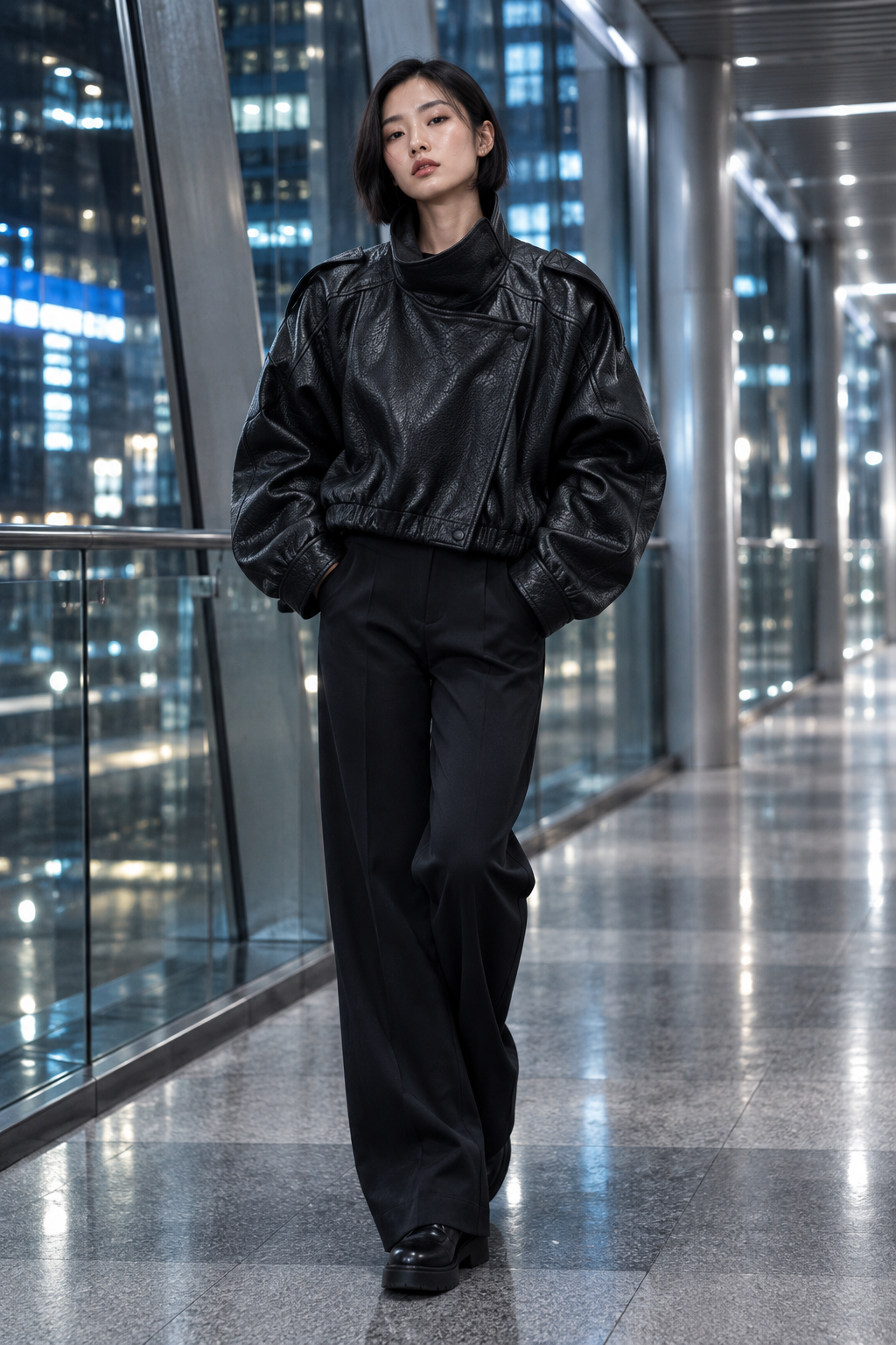 •  A professional model wearing a tailored wardrobe separate layout styling the matte black pebble leather jacket open to showcase a clean day-to-night lifestyle transition.
 Editorial jacket look with an East Asian model