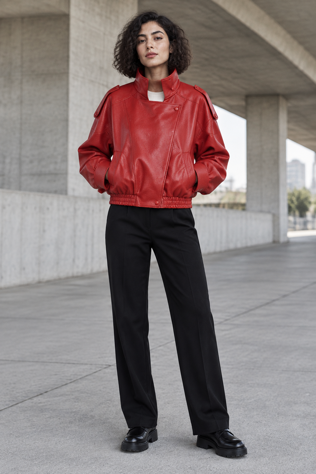 •  A professional model wearing a tailored wardrobe separate layout styling the matte black pebble leather jacket open to showcase a clean day-to-night lifestyle transition.
Red jacket lifestyle image