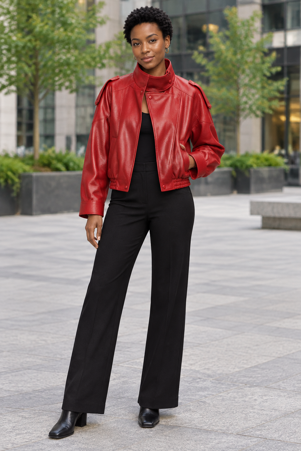 •  A professional model wearing a tailored wardrobe separate layout styling the matte black pebble leather jacket open to showcase a clean day-to-night lifestyle transition.
 Red jacket lifestyle image