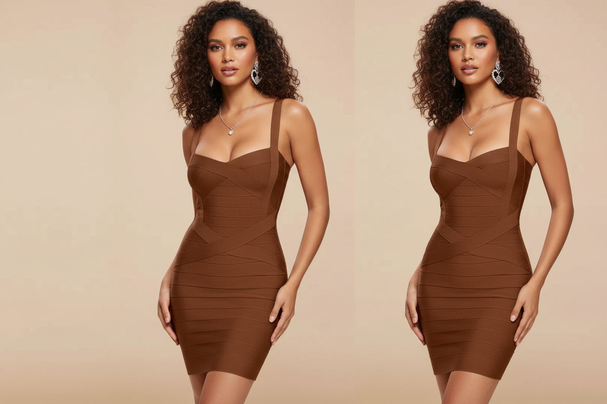 Woman wearing a brown dress against a beige background