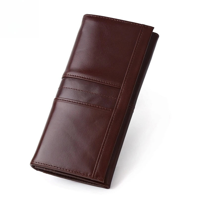 A dark brown leather wallet with multiple card slots and decorative stitching, shown on a clean white background.
