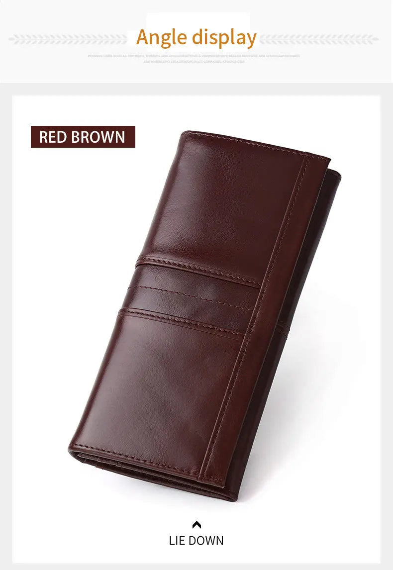 Red brown leather wallet displayed at an angle on a white background