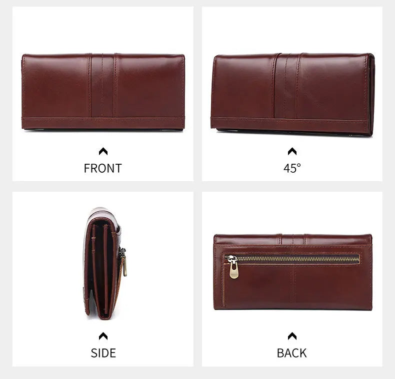 A four-panel product view of a long brown leather wallet on a white background, showing front, 45-degree angle, side, and back views with labels.