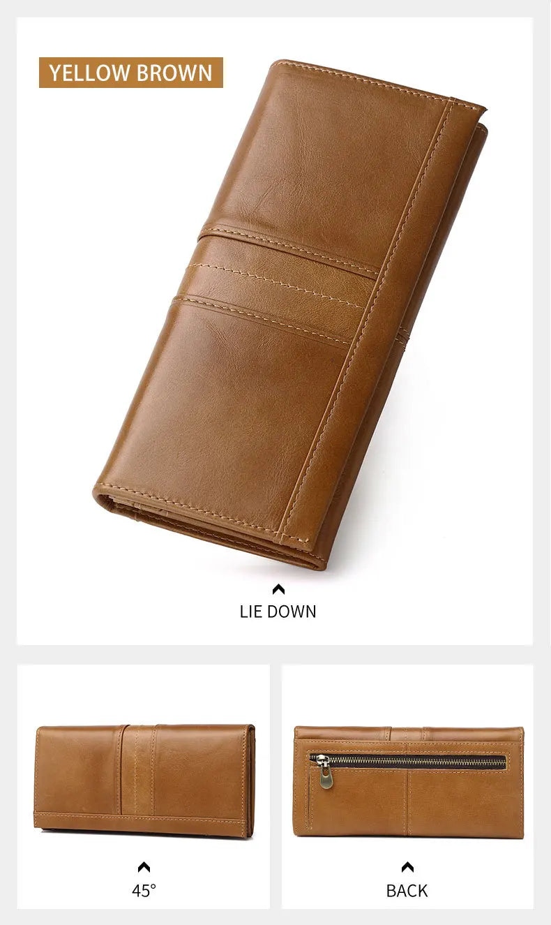 Brown leather wallet shown from different angles on a white background