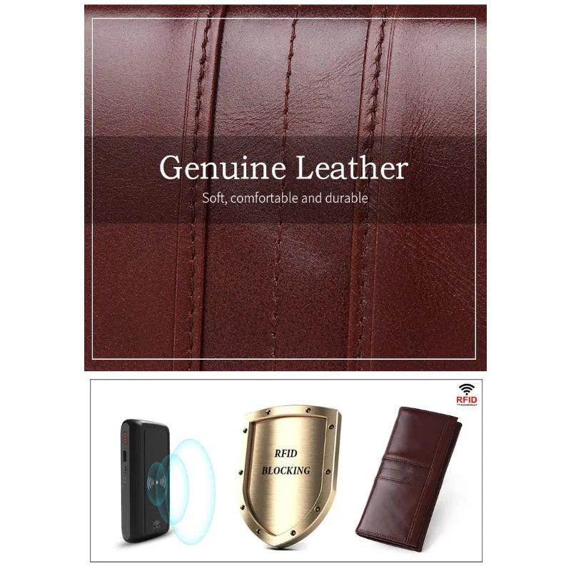 A brown leather RFID blocking wallet shown with a close-up of the leather texture and text reading 'Genuine Leather Soft, comfortable and durable,' plus small inset graphics showing a phone, a gold shield labeled 'RFID BLOCKING,' and an RFID icon.