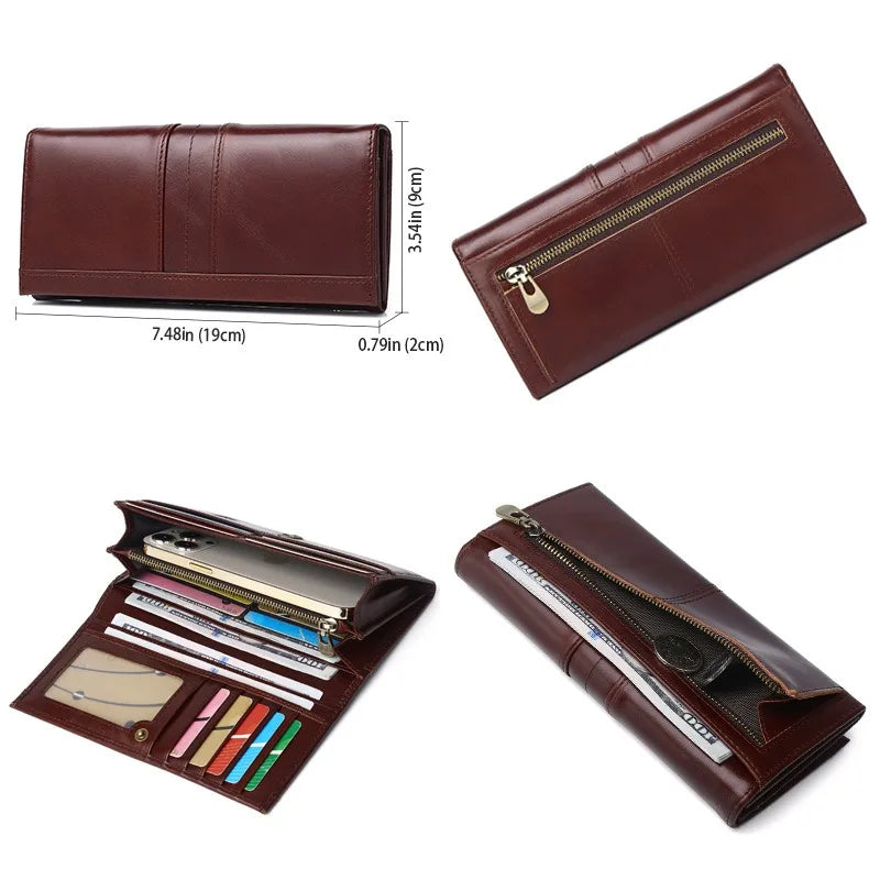 Brown leather wallet with measurements on a white background