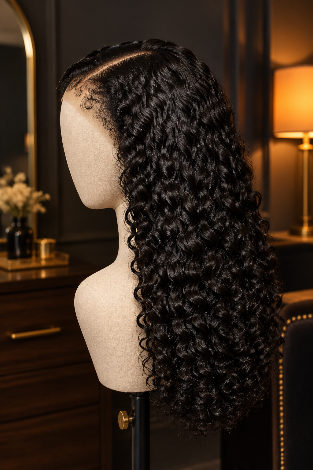 A long, dark curly wig displayed on a mannequin head in a dimly lit interior setting. The wig has deep, tight curls and a visible part line, shown from the side profile.