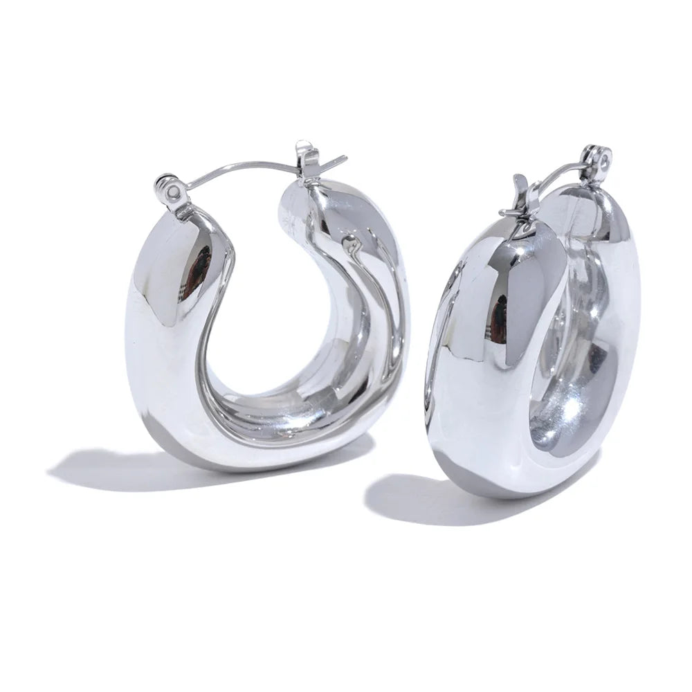 Pair of silver hoop earrings on a white background