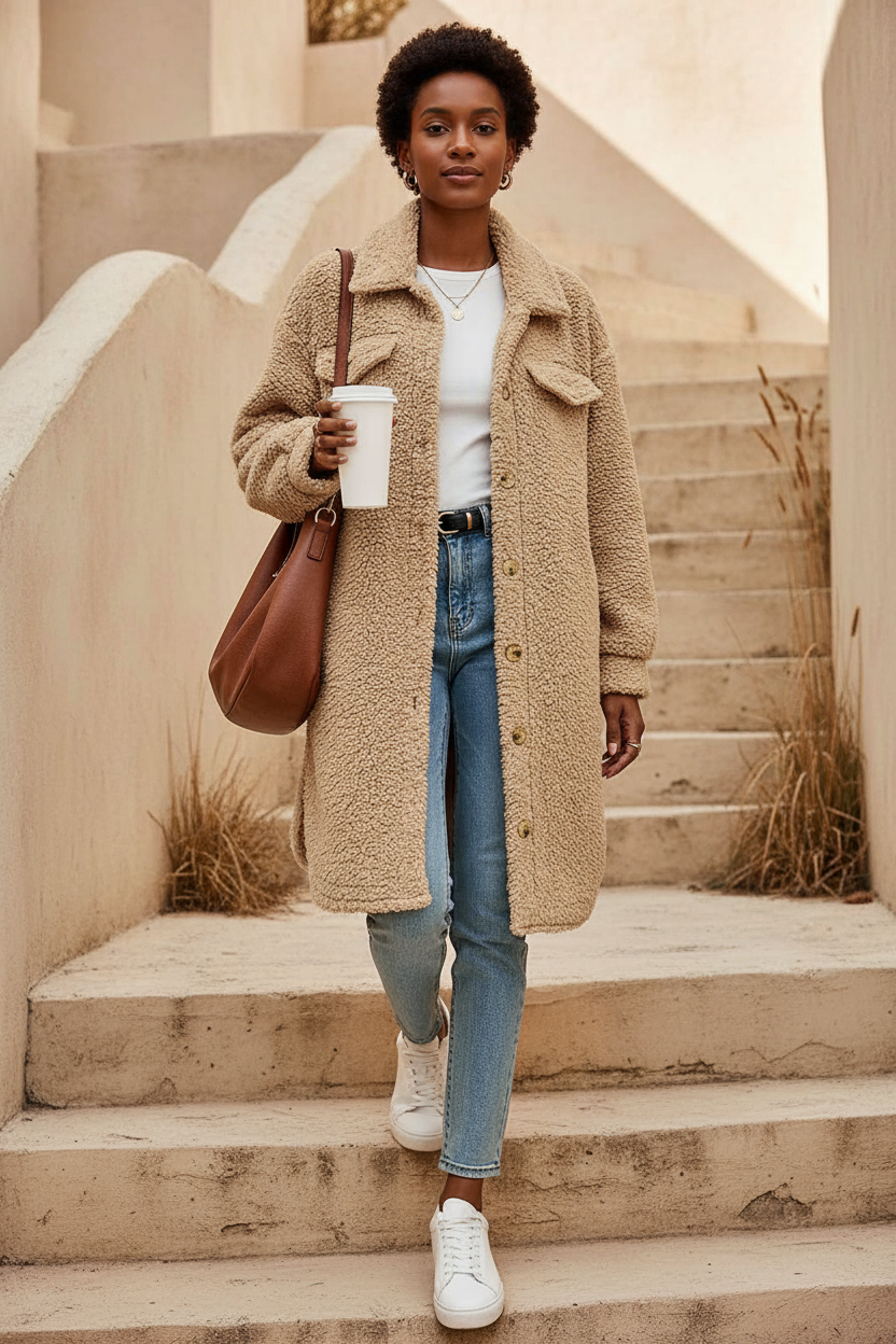 Woman in a beige coat holding a coffee cup on stone steps