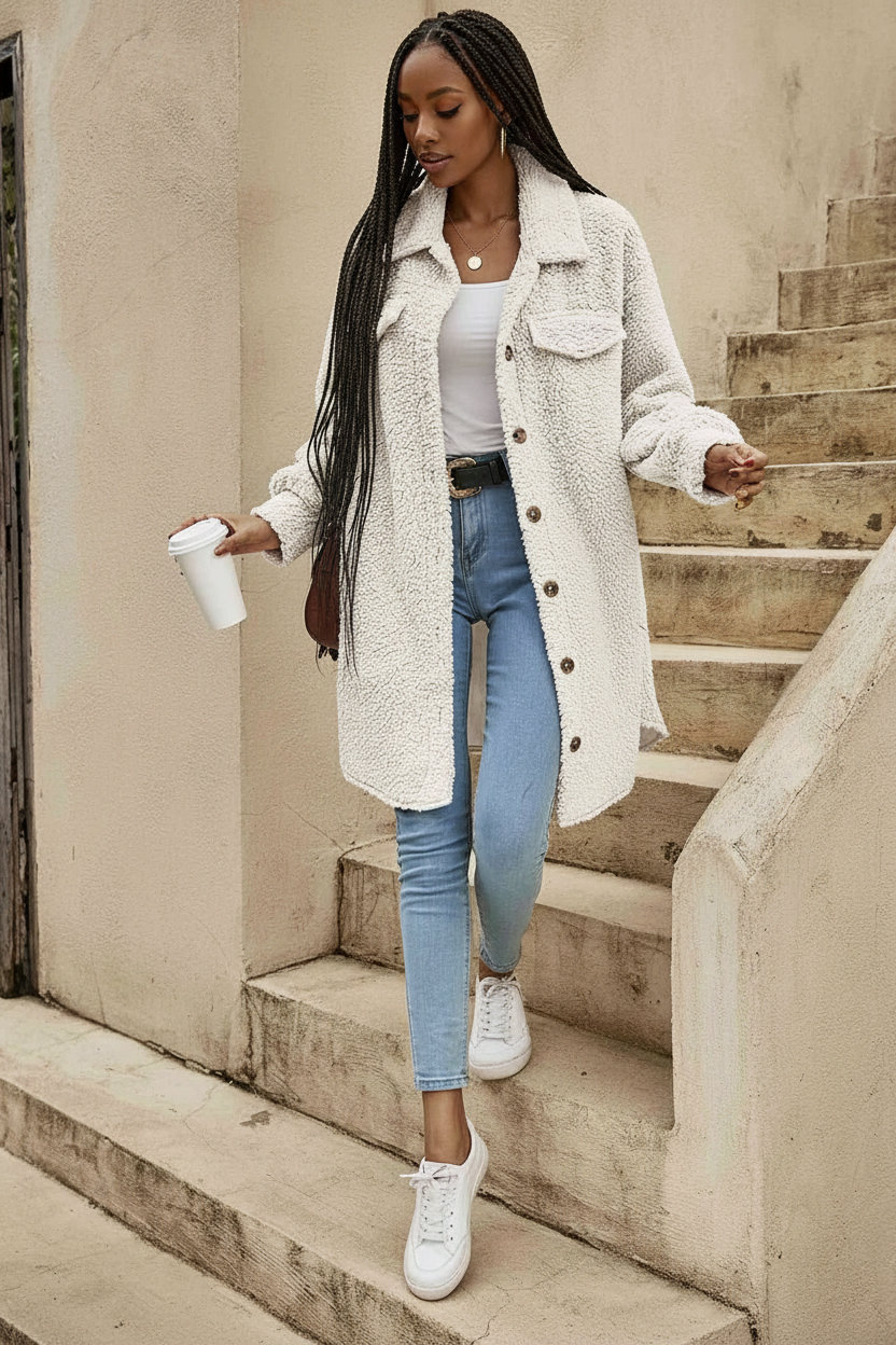 Woman in a long cream coat standing on steps holding a coffee cup.