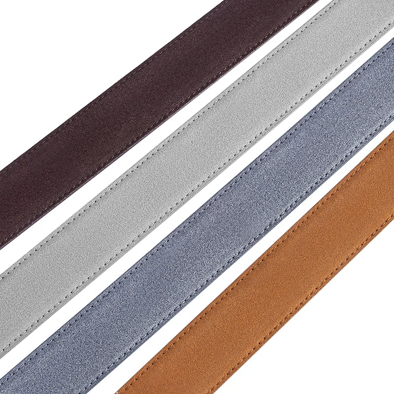 Four leather belts in different colors on a white background