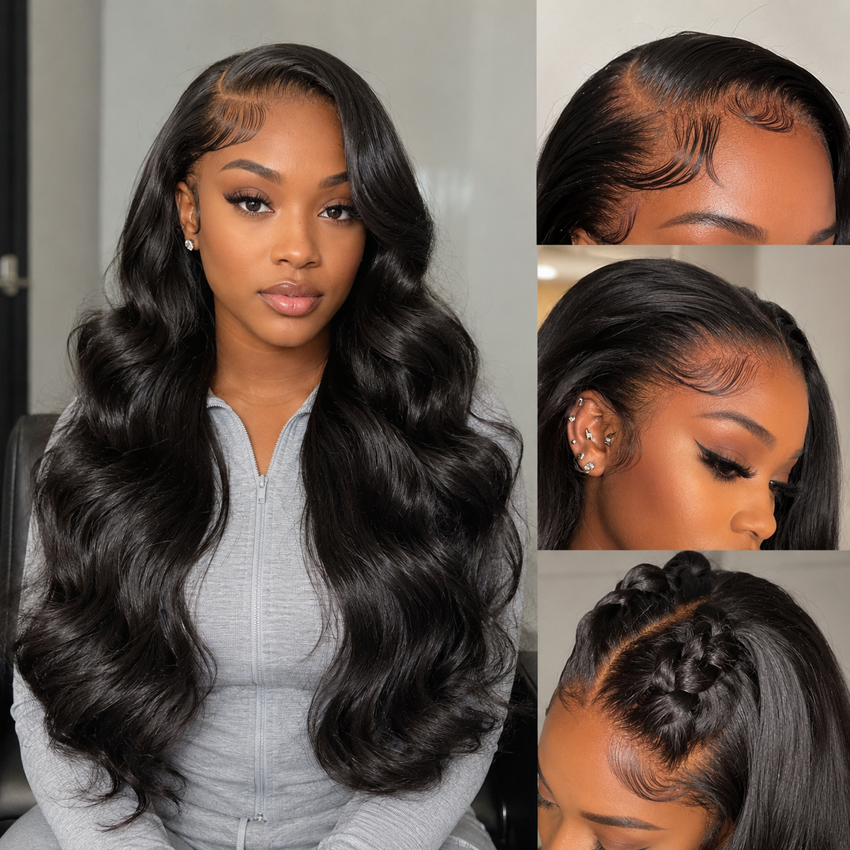 A woman modeling a long, dark brown to black body wave wig with deep wave curls and natural-looking lace fronts, shown alongside four close-up detail views of the hair texture, part line, ear styling, and braided hair detail.
