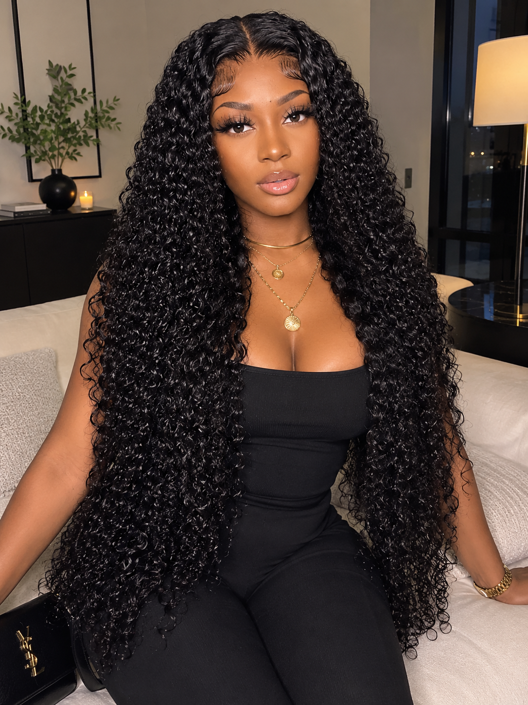 Front view of the 30-inch water wave glueless human hair wig showcasing a deep 13x6 HD lace frontal parting space by The PM Edit. A woman with very long, voluminous black curly hair sits on a light-colored sofa indoors. She is wearing a black strapless jumpsuit and gold necklaces, with a black handbag visible at the lower left.