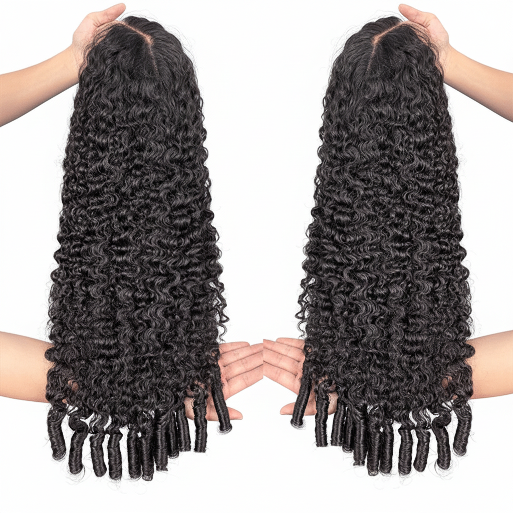 Two sets of curly hair extensions held up against a blue background