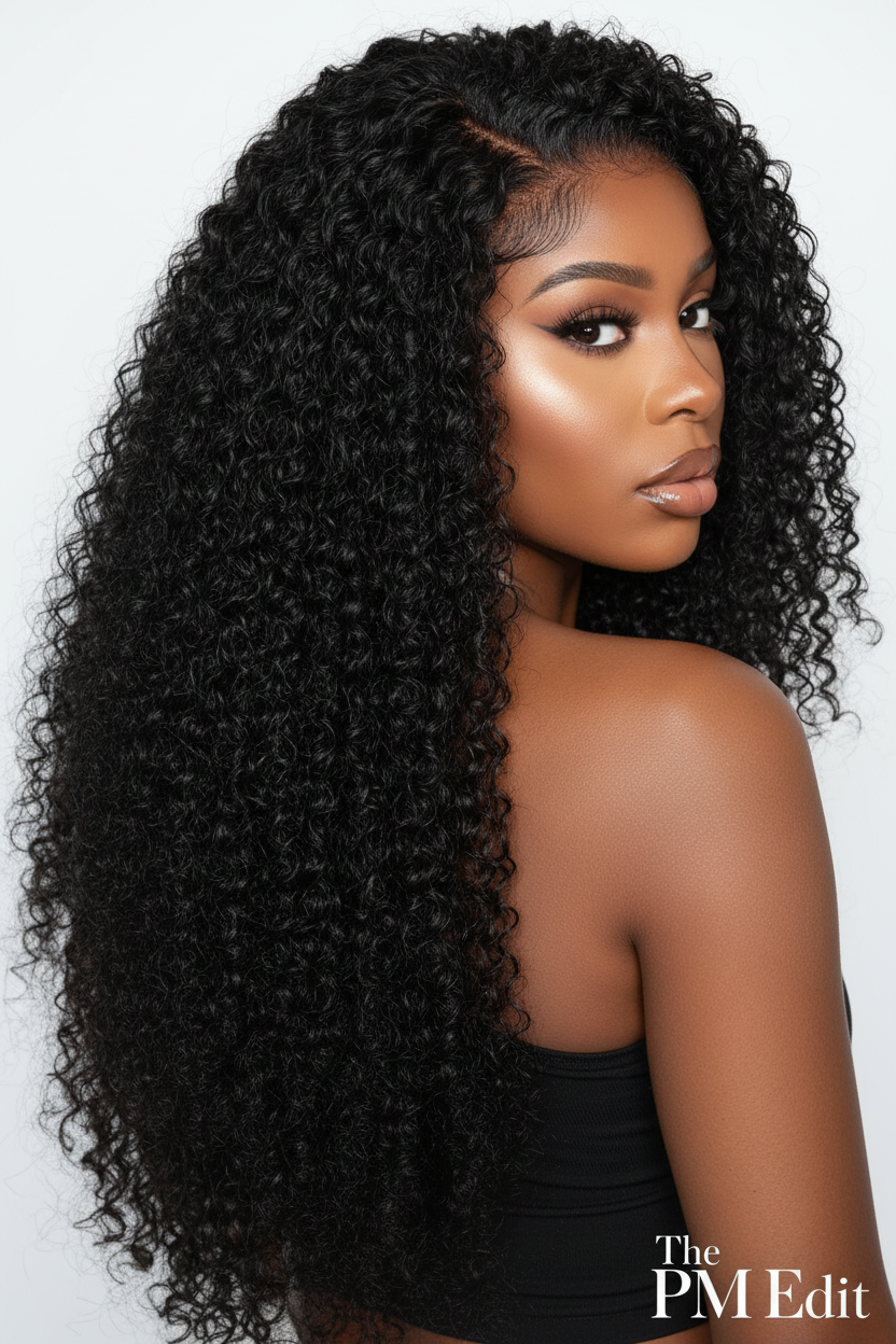 Woman with long, curly black hair against a white background