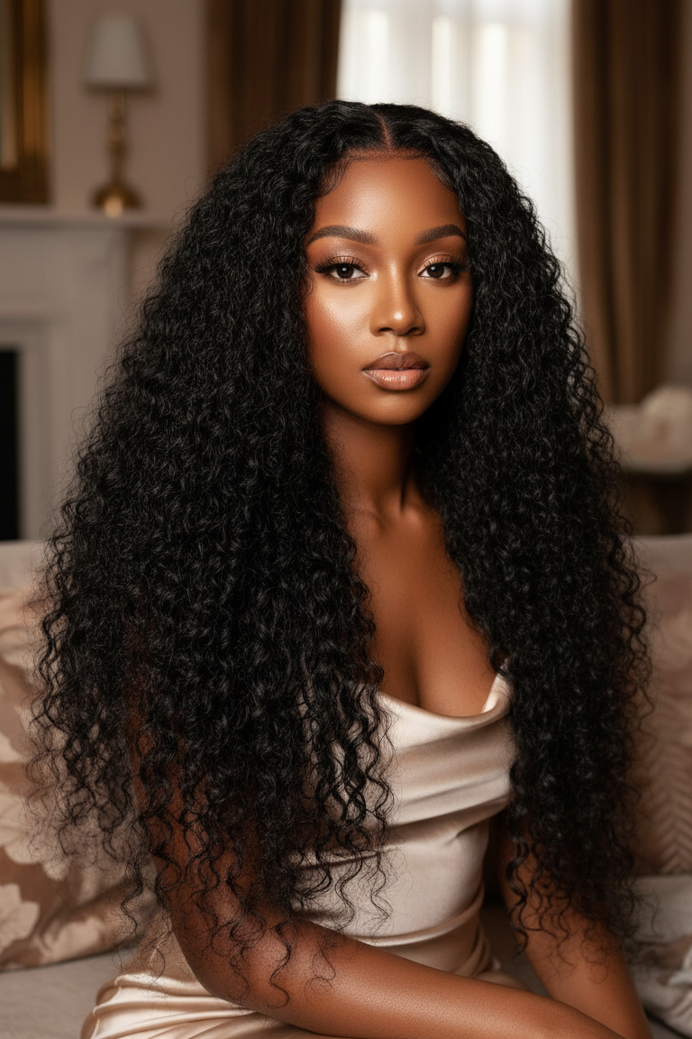 Woman with long, curly hair sitting on a couch in a cozy room.