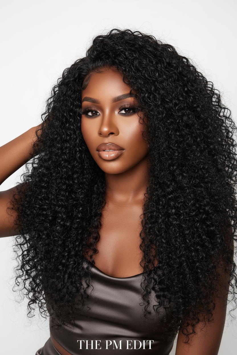 Woman with long, curly black hair against a white background