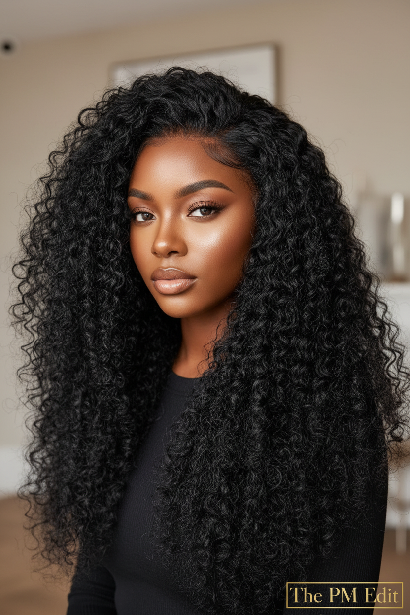 Woman with long, curly black hair in a room setting