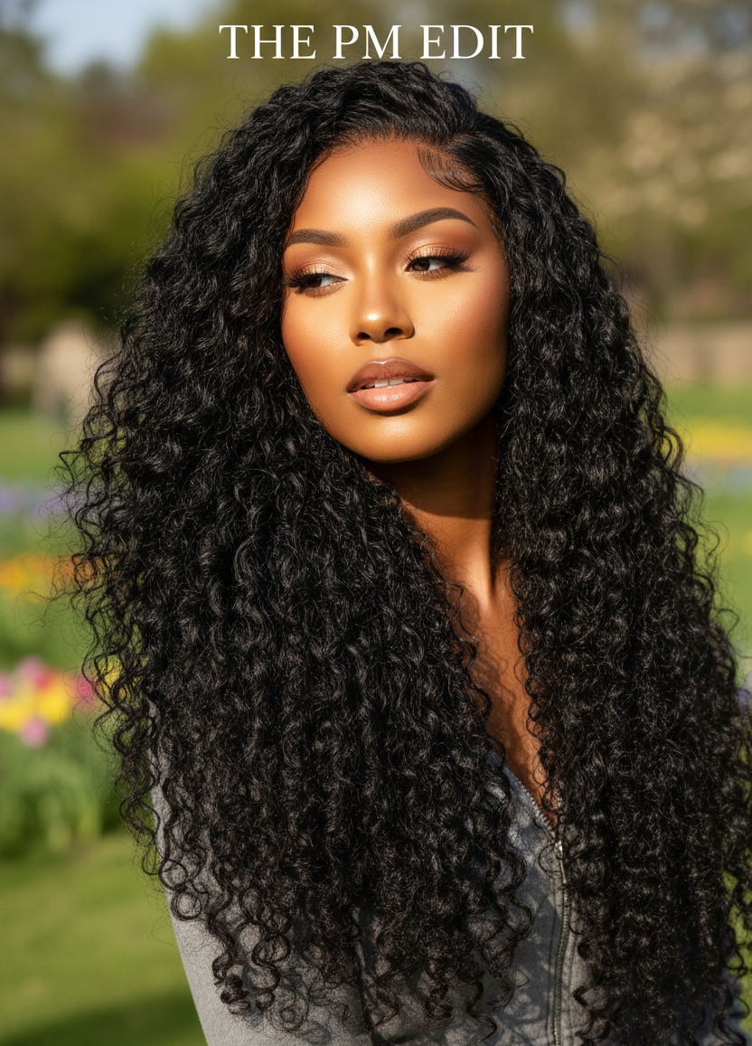 Woman with long, curly hair in a park setting with 'The PM Edit' branding.