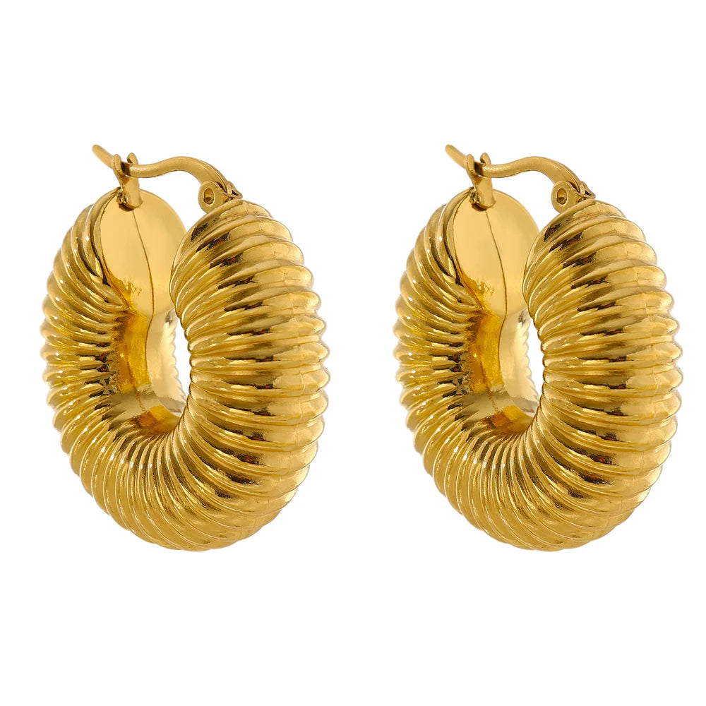 Women's Chunky Ribbed Hoop Earrings | 18K Gold Plated Stainless Steel | Waterproof