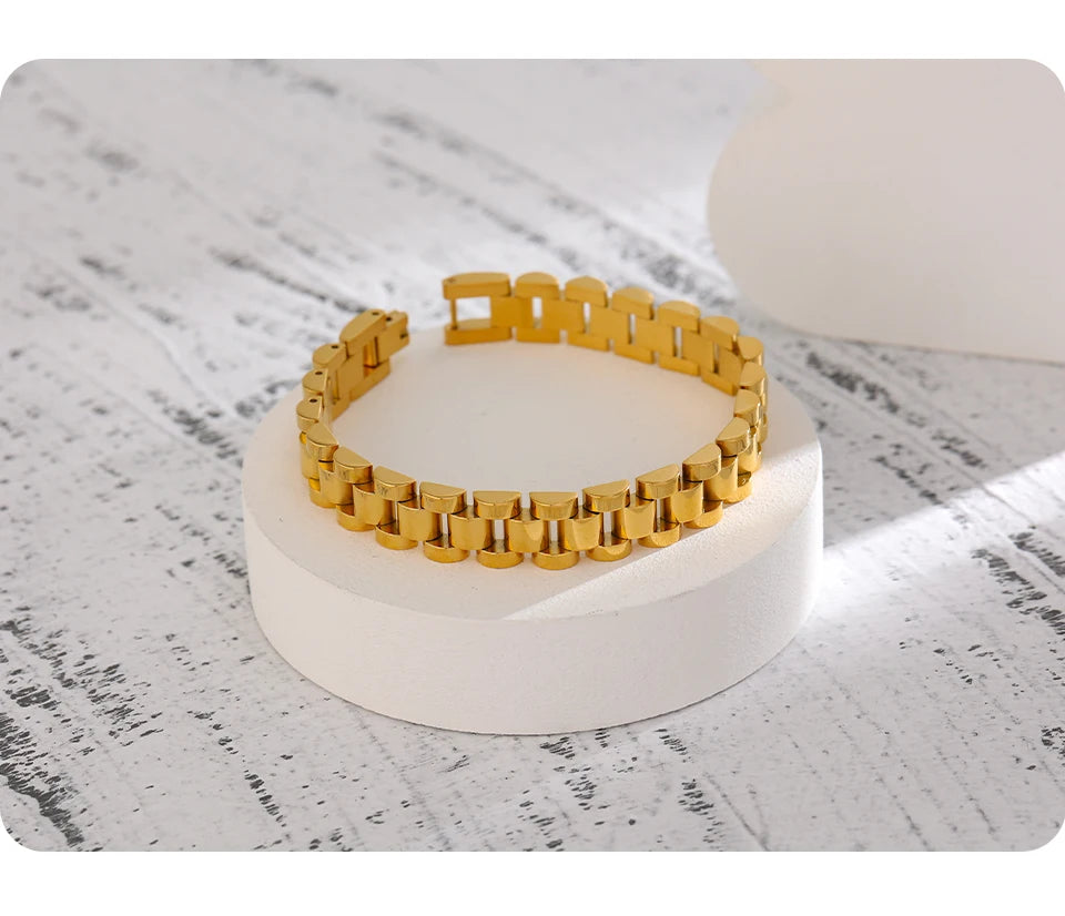 18K PVD Gold Plated Stainless Steel Chain Bracelet - Bold Geometric Link Unisex Wristwear, Non-Tarnish Waterproof Statement Jewelry (18cm & 21cm) | The PM Edit
