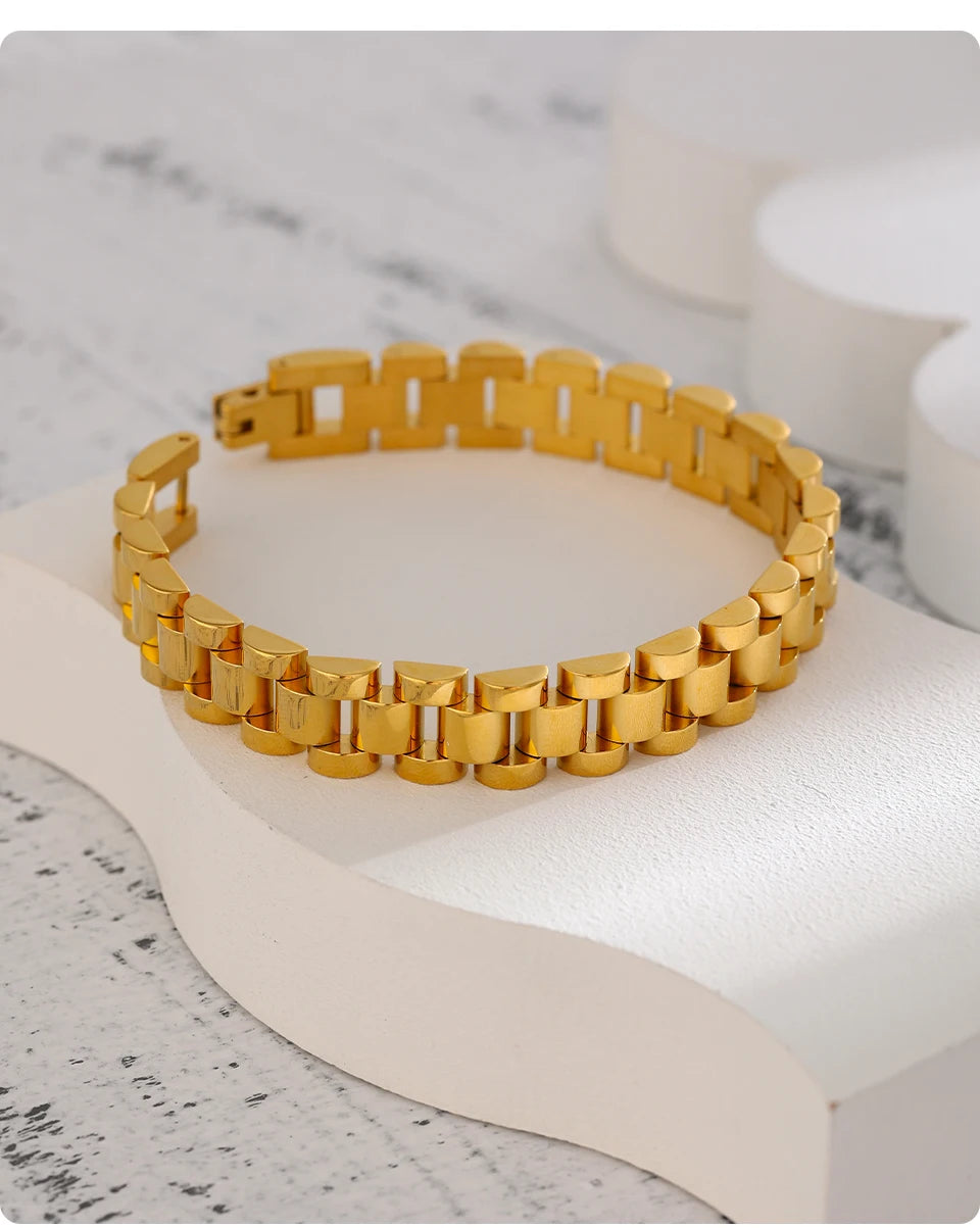 18K PVD Gold Plated Stainless Steel Chain Bracelet - Bold Geometric Link Unisex Wristwear, Non-Tarnish Waterproof Statement Jewelry (18cm & 21cm) | The PM Edit